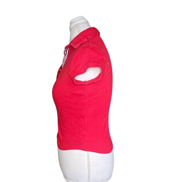 Y2K Tommy Hilfiger Red Polo Shirt Semi Cropped Tight Preppy Sz M Logo 2000s - Picture 3 of 8